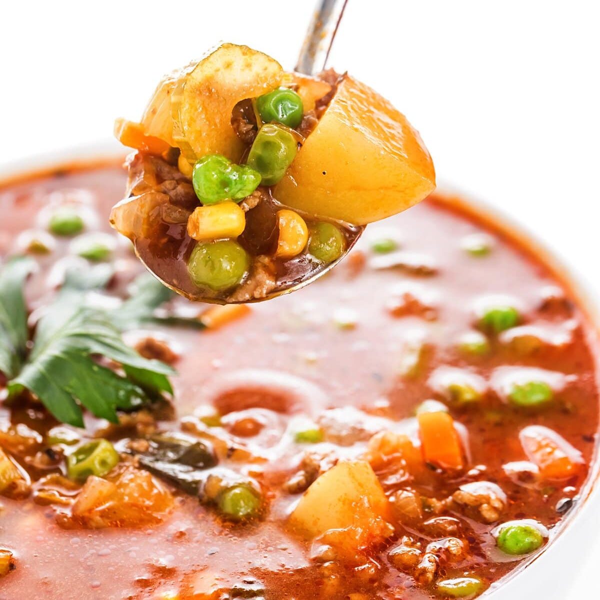 Spoonful of lamb vegetable soup.