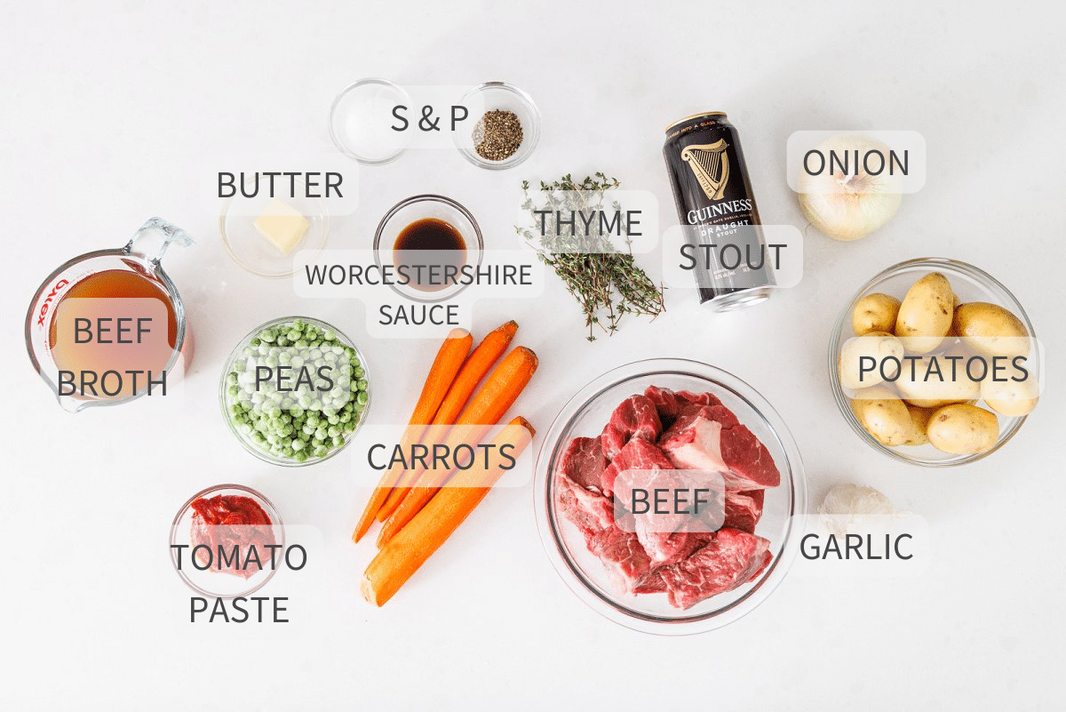 Labeled ingredients for slow cooker Irish beef stew.