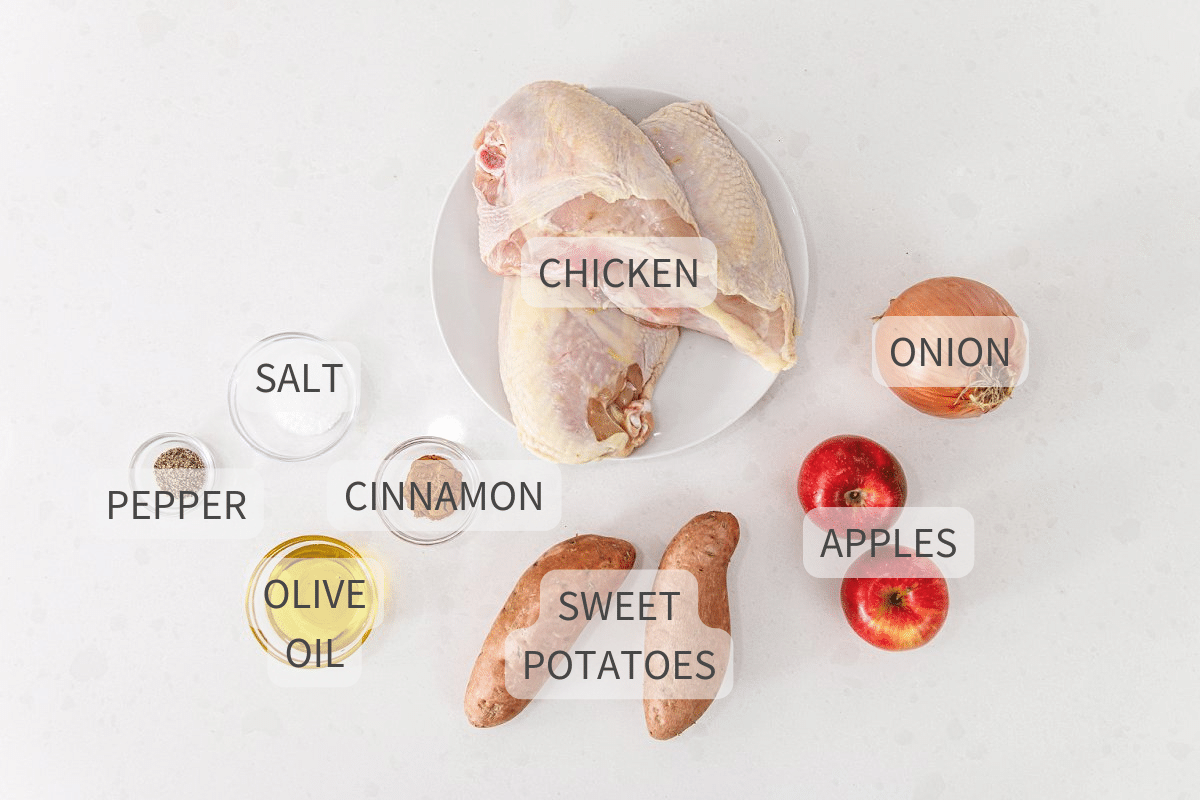 Labeled ingredients for sheet pan chicken and sweet potatoes.