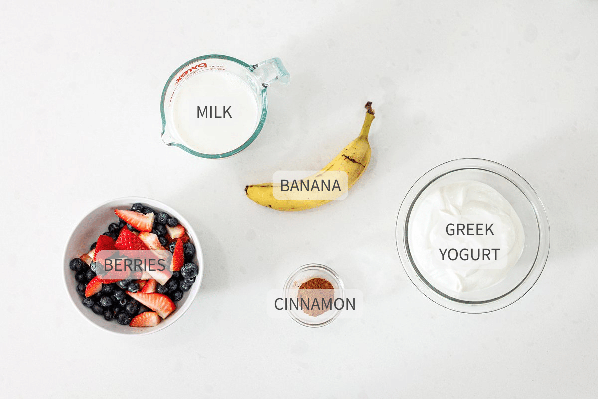 Labeled ingredients for greek yogurt berry popsicles.