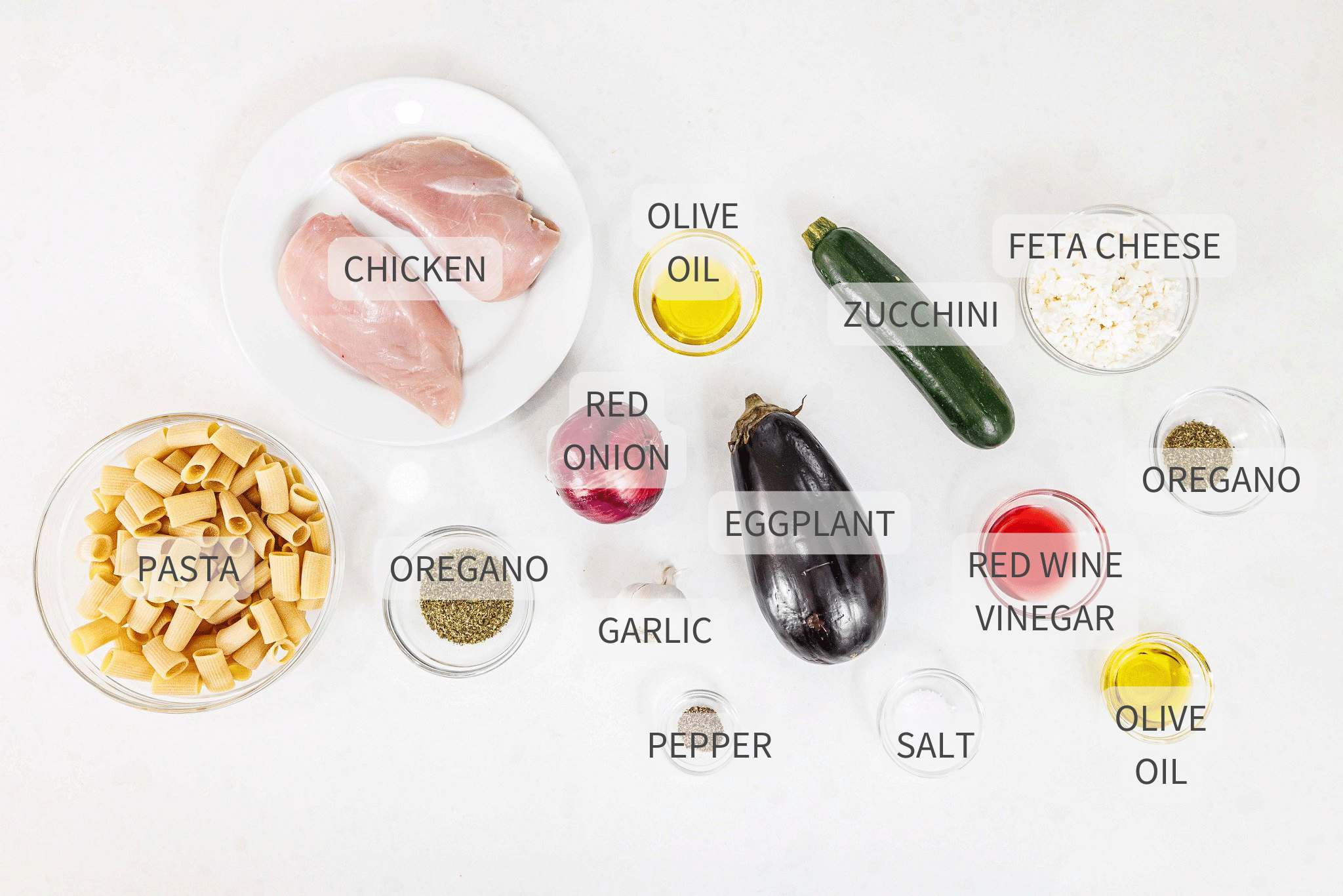 Labeled ingredients for grilled chicken and vegetable pasta salad.