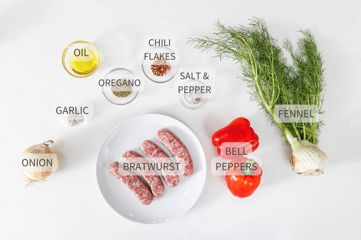 Labeled ingredients for grilled bratwurst with peppers and onions.
