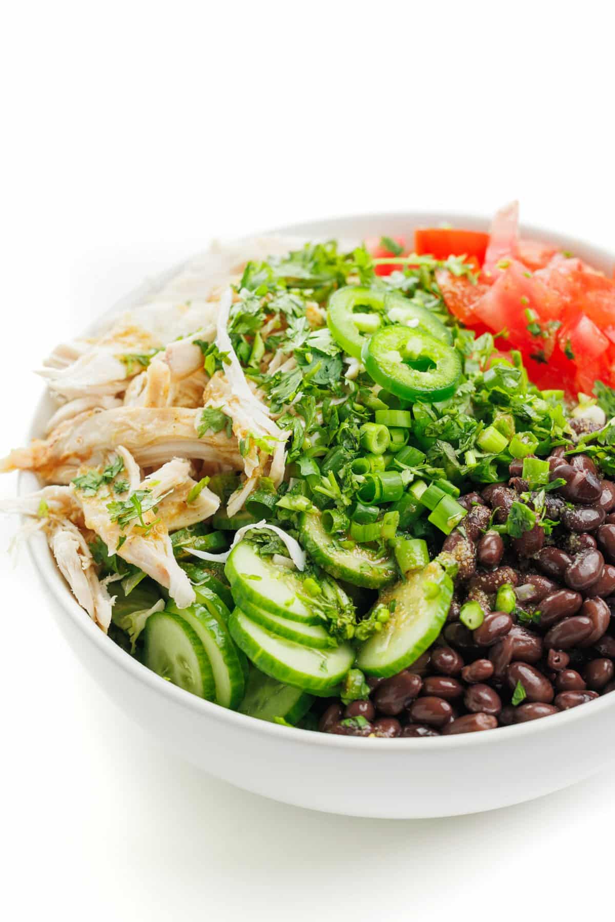 Chicken and black bean salad in a bowl.