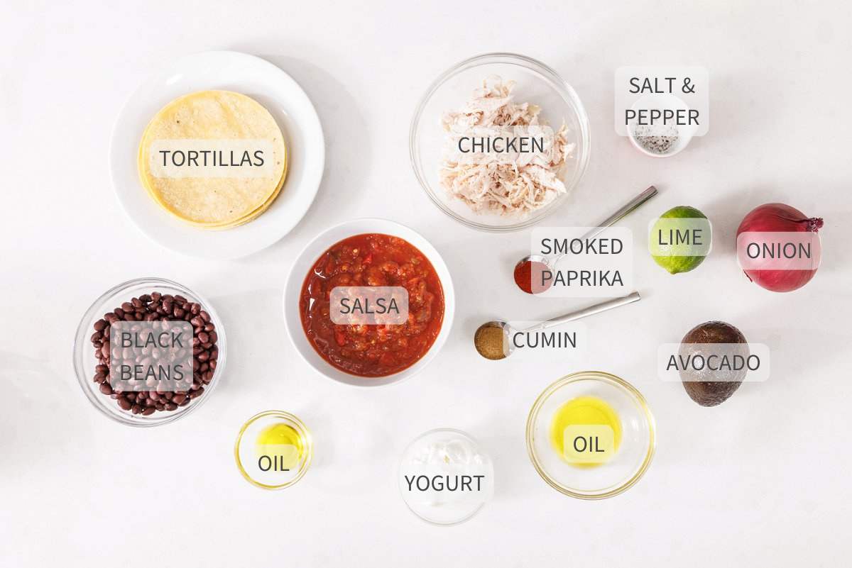 Labeled ingredients for chicken and black bean tacos.