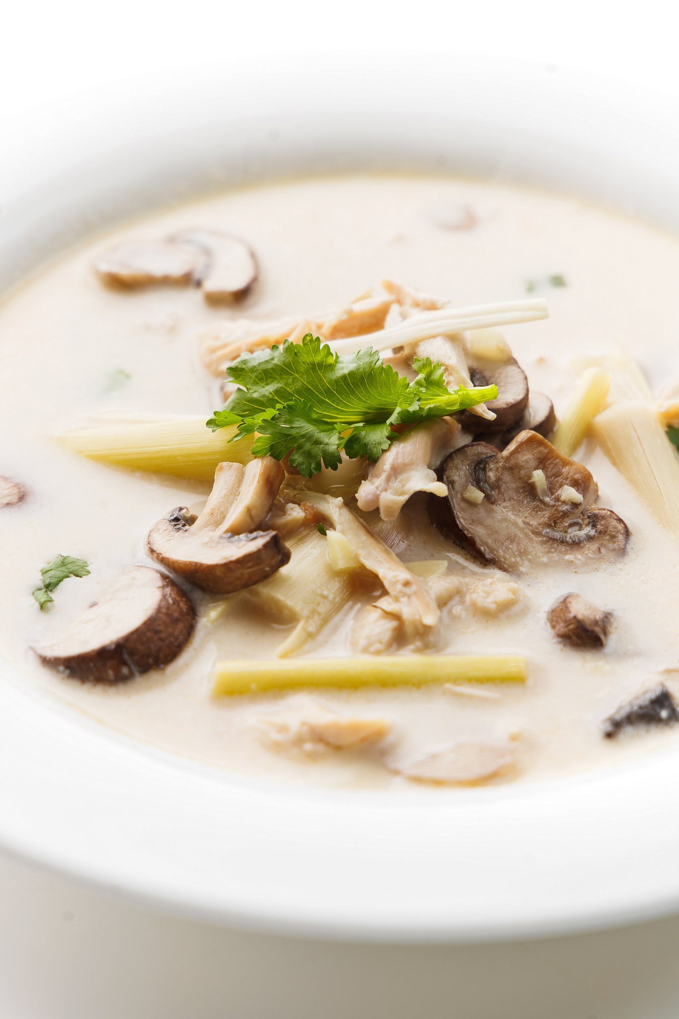 Tom Kha Gai garnished with fresh cilantro in a bowl.